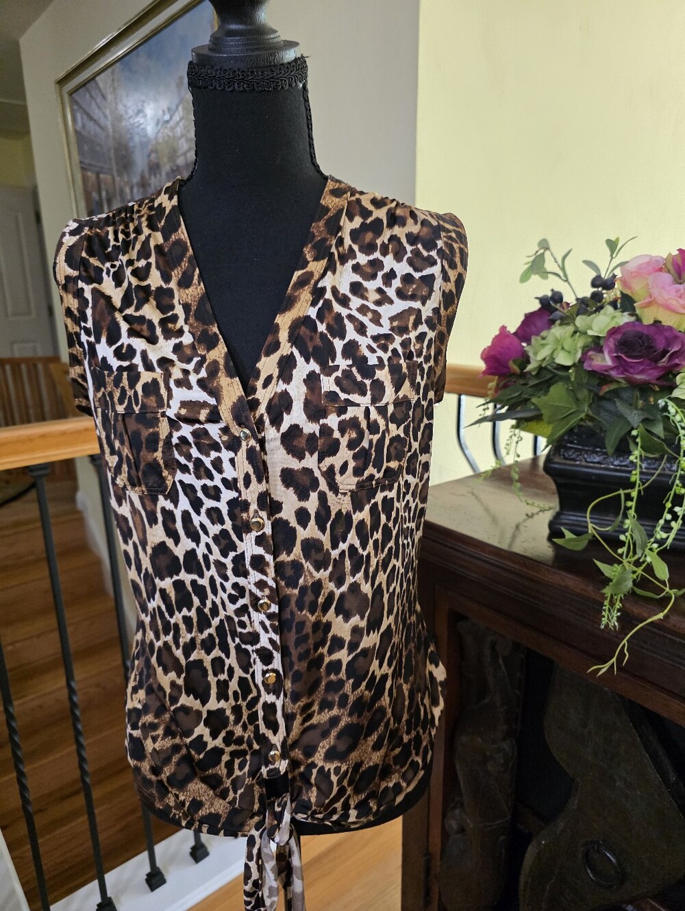 Cache Leopard Print Tie-Front Sleeveless Tank in Brown and Black Size S